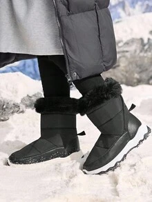 JNSQ 1双儿童/青少年黑色毛绒时尚魔术贴保暖雪地靴，舒适休闲冬季靴，适合日常穿着和运动 - 黑色 - 查看 2