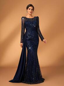 Serin Váy maxi đuôi cá dài tay voan xếp nếp, chất liệu satin co giãn, đính cườm và sequin sang trọng, thanh lịch, xẻ tà hai bên, thích hợp cho đám cưới, tiệc tùng, kỳ nghỉ, dạ hội, váy dạ hội cho mẹ cô dâu - Màu xanh hải quân - Xem 3