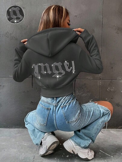 Chiquease Women's Rhinestone Letter Embellished Long Sleeve Casual Hooded Cropped Fleece Sweatshirt, Autumn/Winter
