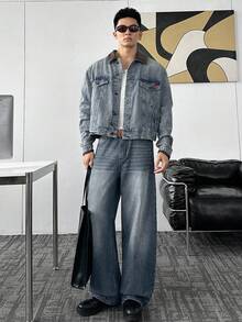 Manfinity BRENVOR 男士秋季撞色翻领长袖单排扣休闲牛仔夹克 - 藍色 - 查看 1