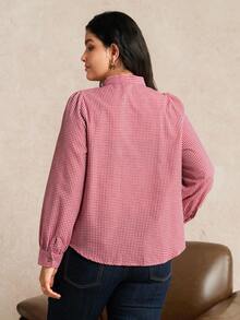 EMERY ROSE Casual French Romantic Retro Elegant Linen Tie Bow Plaid Shirt, Commuting Style - Red - View 2