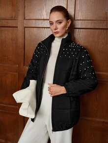 SHEIN LUNE 女式休闲纯色肩部设计水钻装饰高领长袖棉服外套，秋冬 - 黑色 - 查看 6