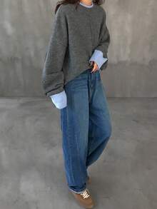 FRIFUL 女士撞色圆领二合一落肩长袖宽松休闲套头毛衣，秋季 - 灰色 - 查看 2