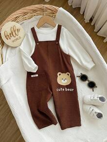 男婴可爱休闲百搭针织长袖上衣和卡通图案围兜裤套装 - 白色 - 查看 6