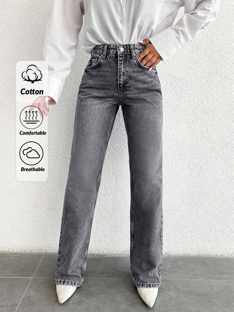 EURMUSE 100%Cotton High Waist Straight Leg Jeans PETITE - Grey - View 1