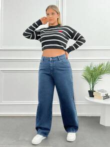 SHEIN Cottnline High Waist Straight Leg Plus Size Loose Fit Jeans - Light Wash - View 4