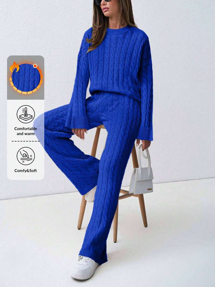 SHEIN Tall 女式粗针织落肩毛衣和裤子两件套