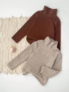 Loomiva 2 pièces/set Jeune garçon Pulls à col roulé à manches longues en tricot doux et rayé de couleurs - Tabac - Voir 2