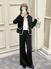 SHEIN 青少年女孩两件套休闲撞色饰边黑色夹克和裤子套装，秋冬套装休闲套装，返校装，优雅装 - 黑色 - 查看 7