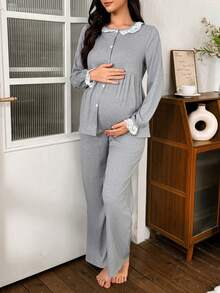 Moonlight&Mama Conjunto de pijama de maternidad con top de cuello Peter Pan de encaje y parches y pantalones acampanados, ropa de otoño e invierno - Gris Claro - Ver 4