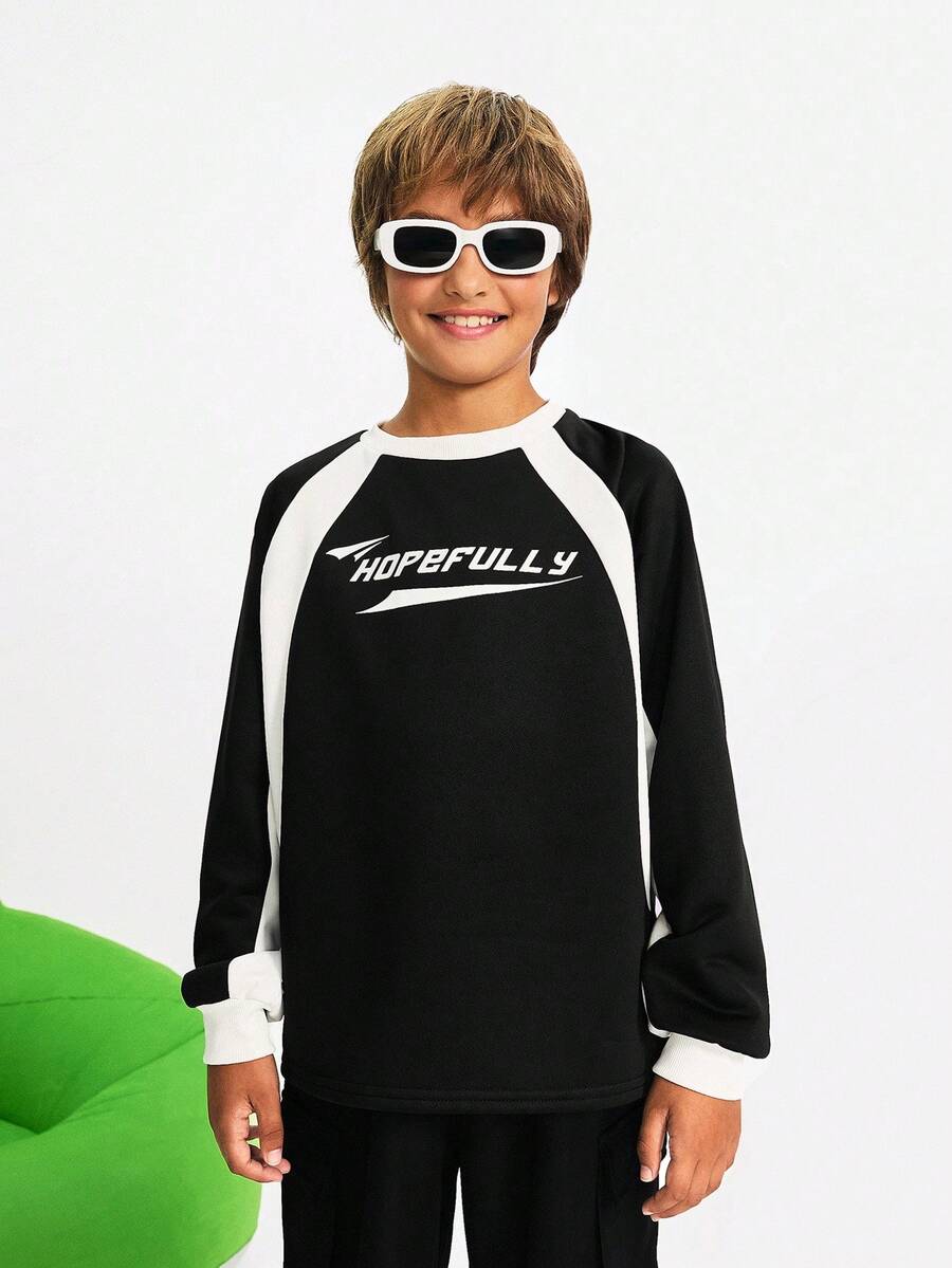 SHEIN Tween Boy Casual Patchwork Contrast Color Letter Print Round Neck Raglan Sleeve Loose Sweatshirt, Back To School Fall Winter - Black - View 1
