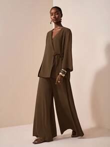 Zivah Set da 2 pezzi composto da camicia in stile kimono con laccio in vita e pantaloni a gamba larga, in tessuto di cotone e lino con texture, stile casual per festival musicali, laurea, uso quotidiano da studente, vacanze e spiaggia, nuovo arrivo estate 2025