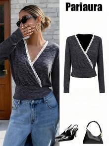Pariaura Sexy Grey Wrap Top: Long Sleeve Crop Top With White Lace Trim, Cross V-Neck Slim-Fit Knit Blouse For Date & Casual French Vintage Grey Cross Top: Long Sleeve Cropped Blouse With Lace Detail, Deep V-Neck Elegant Knit Top For Office & Daily Sweet Girl Grey Wrap Knit Top: Long Sleeve Crop Top With White Lace Trim, Cross V-Neck Versatile Casual Top For Multi-Occasions - Dark Grey - View 1