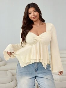 Solflare Áo thun dài tay loe họa tiết ngực màu be cỡ lớn, tay dài, tay lỡ, tay lỡ, tay lỡ, áo thun dệt kim jacquard, thiết kế mới, mặc hàng ngày, dự tiệc, hẹn hò, ngày lễ, nhiều dịp, đa năng, viền bèo nhún, viền hai lớp, chất liệu vải dệt kim jacquard co giãn tốt - Màu be - Xem 5