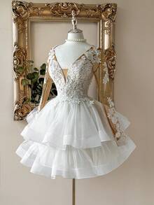 Lovelzi Elegant Luxurious Beige Sheer Long Sleeve Handmade Applique Sexy Open Back Lace Embroidery Patchwork Pleated A-Line Princess Dress With Adjustable Tie Back, Bridal Gift Occasion Gown