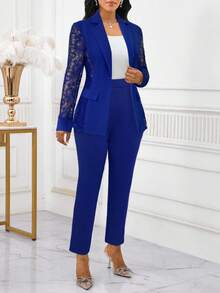 SHEIN Lady 2025新款四季钴蓝色西装套装蕾丝拼接西装套装女士西服套装秋冬装女装 - 寶藍色 - 查看 4