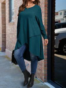 SHEIN Áo thun tay dài cổ tròn viền bất đối xứng màu trơn cỡ lớn - Màu xanh bụi bặm - Xem 5