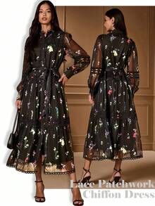 Lilora Elegantes und schickes, urbanes, lässiges Kleid mit transparentem Kragen, Spitze, Patchwork, Knopfleiste, Blumenmuster und Laternenärmeln für Damen, Herbst/Winter, Cut-Out - Schwarz - Übersicht 8