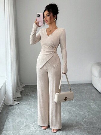 Rafferiza 2 st/set dam elegant pendlartröja i enfärgad, korsad V-ringad långärmad t-shirt med metallspänne och vida byxor med resår i midjan, avslappnad och mångsidig, höst/vinter