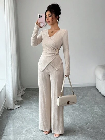 Selianne 2pcs/Set Women's Elegant Commuter Solid Color Cross V-Neck Long Sleeve T-Shirt With Metal Buckle Decor + Wide Leg Elastic Waist Pants, Casual & Versatile, Autumn/Winter