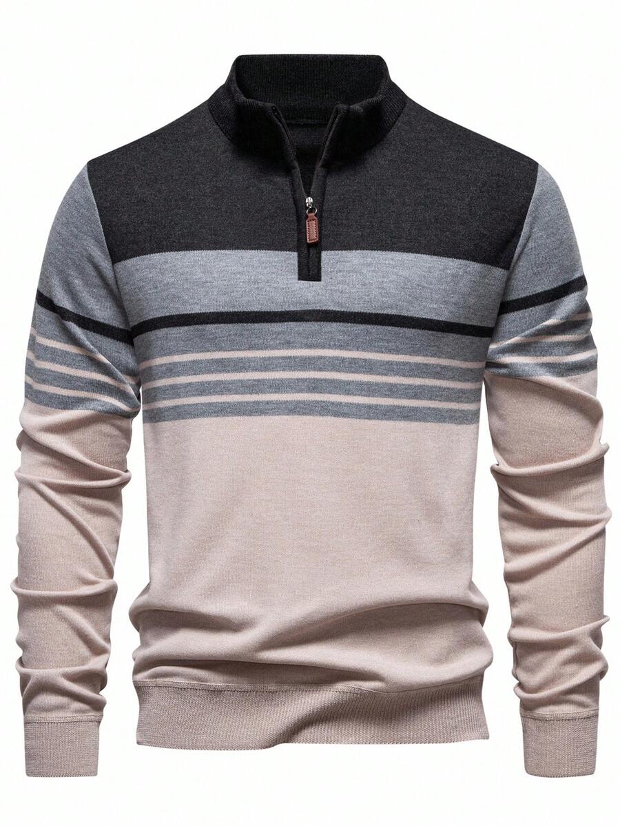 Manfinity Mode Men's Half Zip Placket Striped Long Sleeve Casual Sweater , Fall Winter