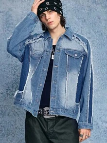 ROMWE MEN Prep Men's Short Denim Jacket, Retro Street Style - Black - View 6