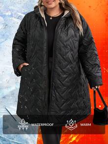 SHEIN CURVE+ Veste d'hiver casual à capuche avec doublure chaude pour femmes grande taille, convient pour l'hiver, vêtements en coton pour femmes grande taille - Noir - View 9