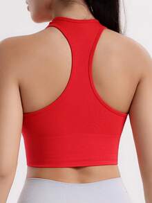 SHEIN Sports 女款極簡純色挖肩式運動內衣，無縫設計 - 紅色 - 查看 6