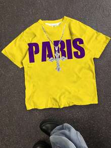 Camiseta de manga corta con cuello redondo con estampado gráfico de texto clásico de París, estilo minimalista casual para niño preadolescente, adecuada para verano, otoño/invierno