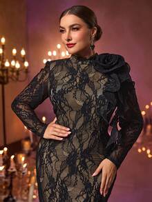 Glamrae Váy đen thanh lịch cỡ lớn thêu sequin màu sâm panh, cổ đứng, tay dài, dáng đuôi cá có đuôi, thích hợp cho các buổi lễ kỷ niệm, tiệc tùng, đám cưới, sự kiện trang trọng - màu đen - Xem 5