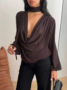 SHEIN EZwear 时尚性感纯色低胸领口围巾领带长袖衬衫 - 棕色 - 查看 5