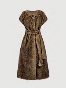 SHEIN MOD Brown Faux Fur Belted Long Jacket In Fall/Winter - Multicolor - View 7