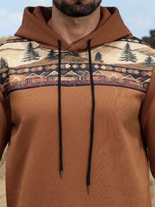 Manfinity Nomadique Men Western Mountain Print Patchwork Hoodie, Fall