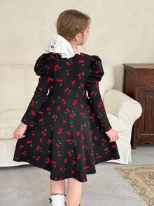 LMoss Kids Vestido casual de malha com estampa de cereja e manga gigot para meninas pré-adolescentes