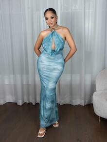 Melissa Matos Solid Blue Color Backless Spaghetti Strap Bodycon Dress, Elegant Beach Holiday Dress, Backless Long Dress, Spring/Summer,Bohemian Clothes,Bodycon Dress