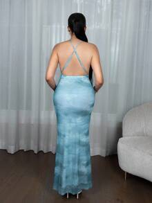 Melissa Matos Solid Blue Color Backless Spaghetti Strap Bodycon Dress, Elegant Beach Holiday Dress, Backless Long Dress, Spring/Summer,Bohemian Clothes,Bodycon Dress