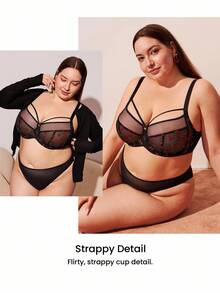 LUVLETTE Plus Christmas & New Years Unlined Full Coverage Side Support Sheer Black Mesh Miniimizer Bra Cherry Floral Sexy Lingerie - Black - View 4