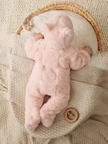 Cozy Pixies Newborn Baby Girl Cartoon Bear Textured Fleece Long Sleeve Romper And Hat 2 Pieces Set