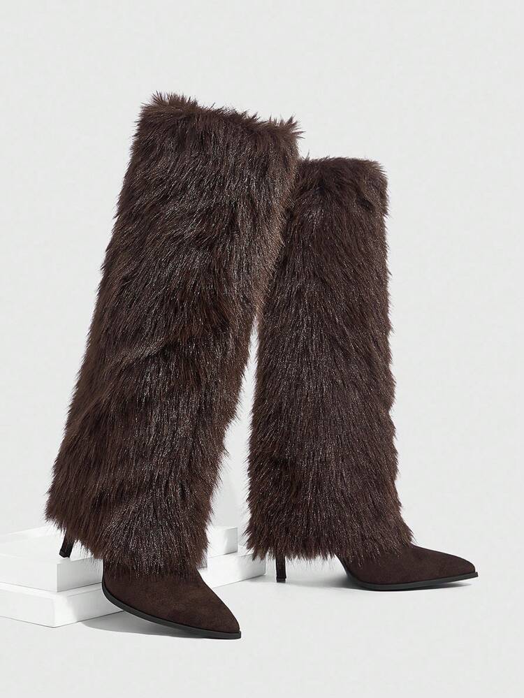 Pointed Toe Stiletto Fur Boots With Suede Base