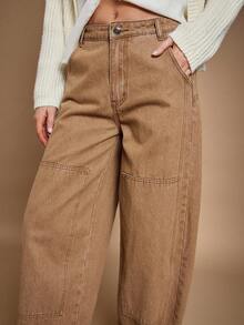 WESTFADE 中腰宽松筒形裤腿棉混纺牛仔布实用牛仔裤 秋季，秋季，冬季 - 棕色 - 查看 3