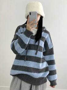 DAZY 女式复古条纹连帽毛衣，宽松设计厚实柔软套头衫，秋冬