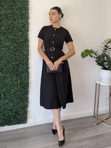 Andrea Bello Women's Solid Color Short Sleeve Single-Breasted Casual Commuting Mid-Length Dress - Black - View 1