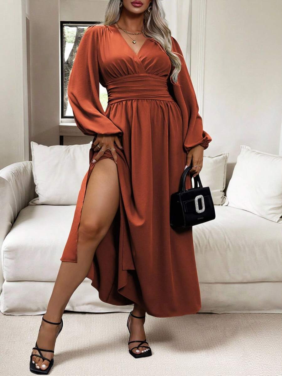 Vionelle Plus Size Women's Solid Color Simple Daily Pleated Dress Maxi Women Outfit Fall Cloth For Women - Rust Brown - View 1