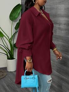 SHEIN CURVE+ Camisa de manga farol de manga larga blanca talla grande, primavera - Burdeos - Ver 7