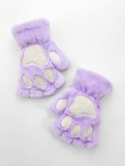 Kawaii 1 par de guantes sin dedos con diseño de pata de gato de peluche, aptos para uso diario
