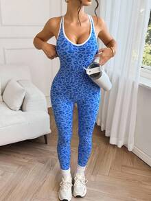 SHEIN Sports Seamless Leopard Print Hollow-Out Backless Long Jumpsuit One Piece Workout Jumpsuit Animal Print Workout Leggings V Back Jumpsuits Gym Seamless Yoga Jumpsuit - Blue - View 4