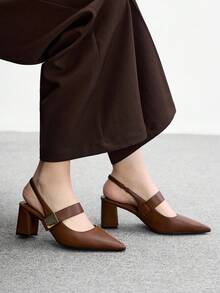CUCCOO BIZCHIC Sandalias de tacón grueso con punta puntiaguda, hebilla cuadrada, cómodas y de moda para el uso diario - Café integral - Ver 3