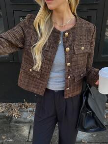 Elyressa Women's Elegant Cropped Tweed Jacket For Commuting - Coffee Brown - View 1