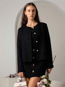 House of One Marled Black Tweed Front Button Long Sleeve Flap Pocket Loose Jacket Women Elegant Fall Women Clothes Old Money Casual Party Fall Outfits Business Professional Women Business Casual Woman