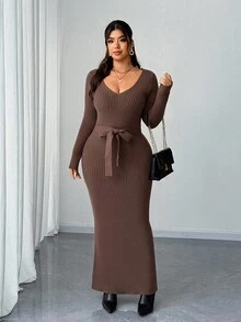 Elenzga Jersey de punto de manga larga con ajuste ceñido y acanalado, talla grande, para otoño/invierno - Marrón - Ver 4